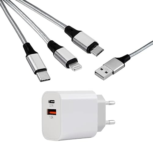 MUTTO USB-C-Ladegerät, 10 W, mit Typ C und A+, universelles 3-in-1-Ladekabel (Micro USB/USB-C/Lightning)