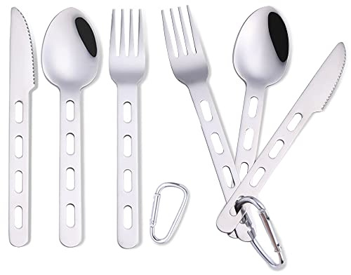 LELE LIFE Set di posate da campeggio, 8 pezzi in acciaio inox, set di posate da viaggio, forchetta cucchiaio da forchetta con moschettone per escursionismo, picnic, zaino in spalla, argenteria