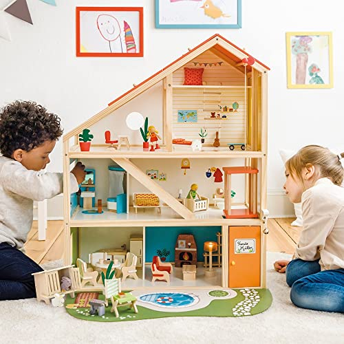 Puppenhaus XXL mit über 80 Teilen FSC-Holz geschlechtsneutral Fahrstuhl/abnehmbares Dach mit Solaranlage