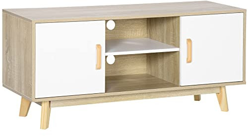 HOMCOM TV-Lowboard Fernsehschrank TV Schrank Fernsehtisch Sideboard mit 2 Schränke und offenen Regale Skandi-Design bis zu 55 Zoll Natur+Weiß 120 x 40 x 55 cm
