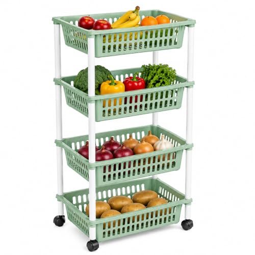 plastific Storage Trolley Unit with Wheels Utility Kitchen Cart Vegetable Rack Fruit Basket Corner Shelf for Kitchen Bedroom Bathroom Living Room Office (4 Tier - Mint Green)
