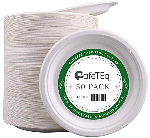 CafeTEq Bagasse Heavy-Duty White Round Plates Super Rigid Disposable Eco Plate Biodegradable & Compostable Perfect for Parties (10 Plates x 50pcs)