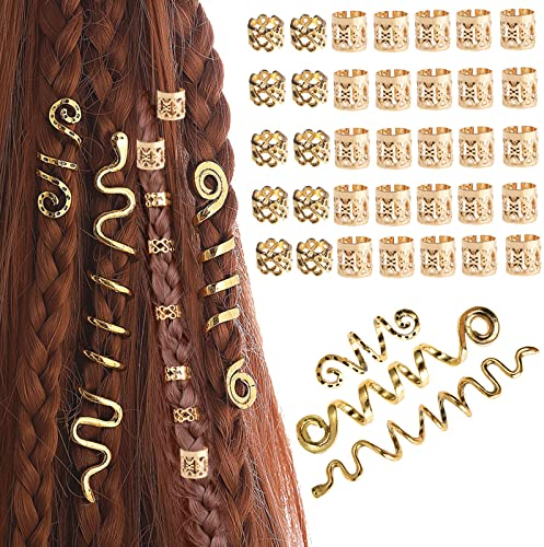 MUFEKUM 38 Stück Dreadlocks Schmuck Haarspiralen Clips, Verstellbar Metall Cuffs Haar Flecht Ringe, Perlen Haarschmuck Braids Haar Dreadlocks Zubehör Für Frauen Männer Zöpfe Dekoration (Gold)