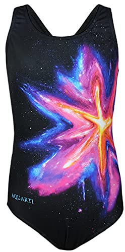 Aquarti Bañador Niña – Bañador Natación Niña con Muscleback, Resistente al Cloro, Mancha de Color/Amarillo Amaranto/Negro, 128