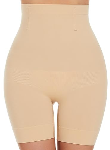 SIMIYA Bauchweg Unterhose Damen Hohe Taille Shapewear Nahtlose Miederhose mit Bein Figurenformend Miederpant Baumwolle Unterwäsche Hose unter Kleid Kurze Shorts(Beige, L)