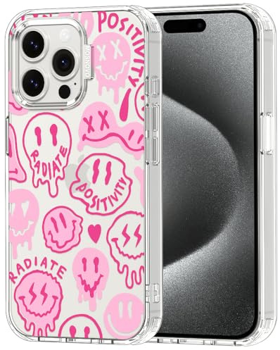 MOSNOVO für iPhone 15 Pro Max Hülle – Durchsichtige, schlanke, stoßfeste TPU+PC-Handyhülle, [6,6 Fuß Fallschutz/Anti-Abziehen] - Rosa tropfendes Lächel-Gesicht mit positiver Ausstrahlung