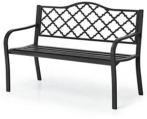 RELAX4LIFE Garden Bench, 2-3 Seater Metal Patio Park Slatted Chair Seat with Armrest & Backrest, Outdoor Furniture Leisure Loveseat for Porch, Lawn and Yard (128 x 60 x 87cm)