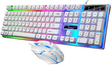 Set Tastiera e Mouse Cablato USB Bianco Abs 104 Tasti | Design a Tasti Flottanti, Fori di Drenaggio Sul Fondo, Uso Confortevole con Risposta Reattiva