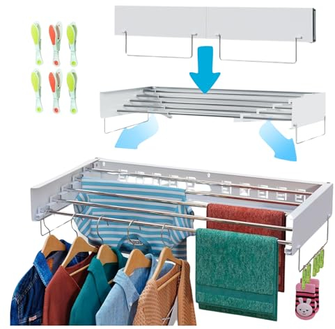 Wäscheständer Wand 25 o 30 kg Kapazität - 80 o 100cm wandtrockner ausziehbar für den Innen- oder Außenbereich - Wäscheleine ausziehbar Wand - Wall Mounted Drying Rack + 6 Pinzetten (Blanco barra, 100)