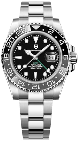 Pagani Design GMT Herren 40 mm Automatikuhr Saphirglas Edelstahl 100 Wasserbeständigkeit Analoguhr Mechanische Herrenuhren Geschenkuhr für Herren(Stahlband schwarz grau-3)