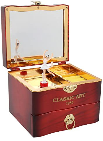 Scatola portagioie musicale vintage musicale, con specchio ballerino e cassetto, ideale per ragazze, 13 x 16, 5 x 20 cm