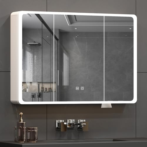 Buildonely Armoire de salle de bain avec miroir avec éclairage - 100 x 70 cm - Armoire de salle de bain avec fonction anti-buée - Contrôle à écran tactile - Alliage d'aluminium - Assemblée