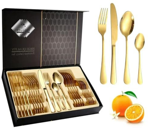 MYDESIDY Juego de 24 Cubiertos Dorados de Acero Inoxidable con luz especular, Cuchillo, Tenedor, Cuchara y cucharilla para Carne, Cubiertos para Restaurante con Caja de Regalo