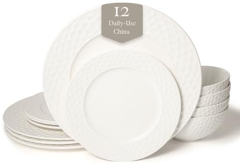 Square House Santorini Service de table 12 pièces en porcelaine anglaise (nid d'abeille), blanc, usage quotidien, service de table en relief pour 4 personnes