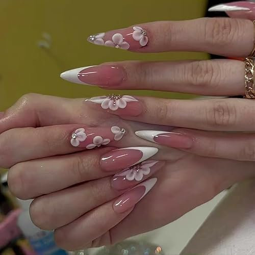 24STK Press on Nails Lang Stiletto Nägel Weiß French Nails Fingernägel zum Aufkleben Künstliche Nägel Blumen Strassstein Fake Nails Klebe Nägel Set Acrylnagelspitzen Damen Nagelkunst Zubehör