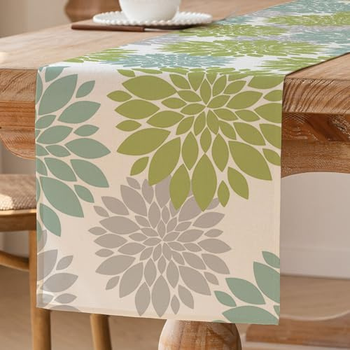 Tischläufer Grün Dahlie Frühlings Tischdekoration Modernes Waschbares Blume Tischdekoration Saisonale Küchentischdecke Innen Urlaubs und Partydekoration 40 x 140 cm