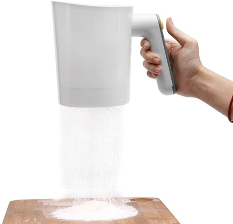 Electric Flour Sifter - Battery Operated Stainless Steel Mesh Shaker, Cup Shape Powder Shaker Strainer Handheld Cooking Tool for Pastry Baking,Ergonomical Handle,4 Cup/1L Capacity