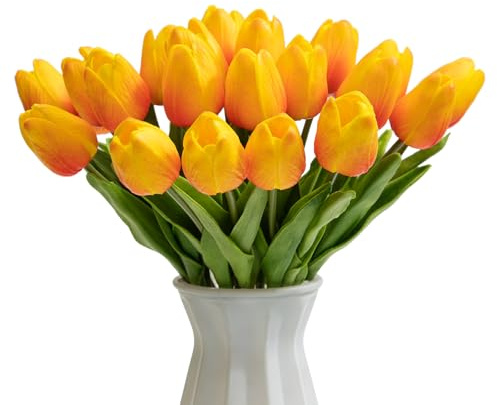 LEUCHTAMOR 20 Stück Künstliche Tulpen Orange Tulpe Latex tulpen real Touch Tulpen Sträuße Faux Tulpen Blumen für Hochzeit Büro Garten und Haus Dekoration