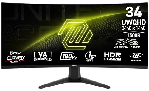 msi MAG 346CQ 34-inch 3440 x 1440 (UWQHD) Gaming Monitor, 180Hz, Adaptive-Sync, HDMI, DisplayPort, VESA Mountable, Tilt, Height Adjustable, Speaker, 1ms, Black