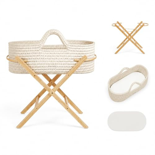 Ickle Bubba Nova Crochet Moses-Korb & faltbarer Ständer – geeignet von Geburt bis 9 kg, kompakt und leicht, inklusive Plüschmatratze, ideal für Nickerchen zu Hause oder auf Reisen (Cloud/Pine)