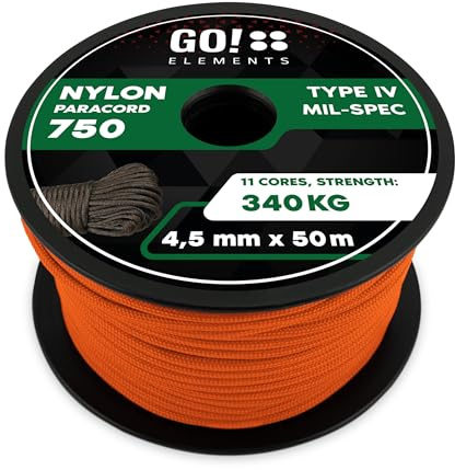 GO!elements Paracord 750 Tipo IV | Cuerda de Nylon 100% Resistente y Extremadamente Estable | ø 4,5 mm - 11 núcleos - MAX. 340 KG | Cuerda Multifuncional y reepsnoer para Supervivencia, Camping