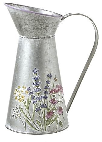 Karma By Nature Vintage Galvanized Metal Flower Jug, Rustic Metal Vase for Dried Flowers, Decorative Farmhouse Jug for Home, Gift or Wedding Decor - 26cm Tall.