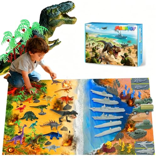 MOONTOY Soldat Militaire Jouet & Dinosaure Jouet, Ensemble de 128 Pièces avec Petits Soldats, Tapis de Jeu et Accessoires de Combat, Cadeau d’Anniversaire et de Noël pour Enfants de 3 à 8 Ans