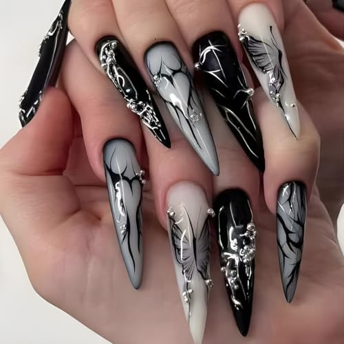 Press on Nails Extrem Lang, 24Pcs Stiletto Airbrushing Halloween Schwarz 3D Gothic Fake Nails mit Nagelkleber, Black ilver Line Künstliche Fingernägel