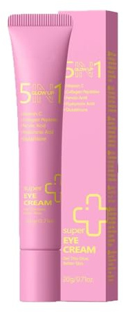 Crema contorno occhi lucida 5 in 1 con vitamina C, peptide di collagene e acido ialuronico – Crema rollerball a 360° sotto gli occhi per linee sottili, occhiaie, tutti i tipi di pelle