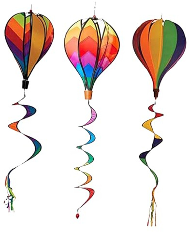 FUTUREORYY Lot De 3 Décorations Moulins à Vent Montgolfière pour Jardin, Suspensions Extérieures en Spirale Colorées, Ornements D'aménagement Décoratif D'été, Modèles Rayés, Arc-en-Ciel Et Ondulés