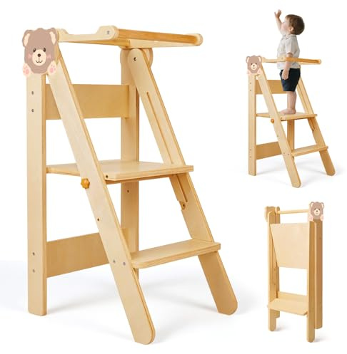 SOFTHOM Plegable Torre de Aprendizaje, Multifuncional Montessori Learning Tower para Niños, Torre de Aprendizaje de Madera para Bebés, Ajuste de Altura, Protección Antivuelco, Color de Madera Natural