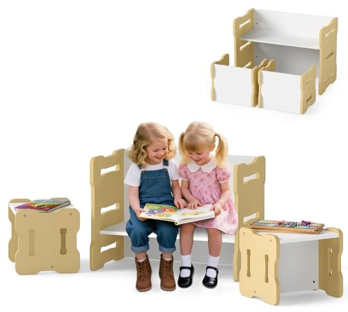 GOPLUS Table Enfant avec 2 Chaises, Bureau Enfant et Chaises Gain de Place, 3 PCS Petit Table d'Activités Modulable en Bois pour Jouer Etudier Manger, pour Garcon Fille 3+ Ans (Naturel)