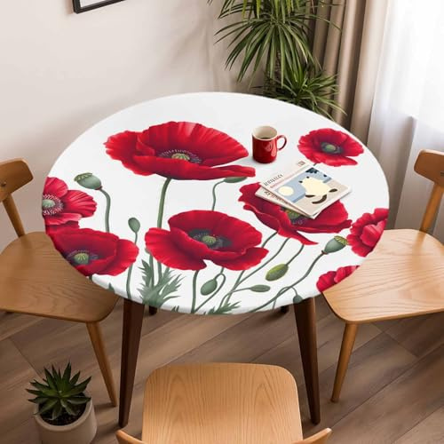 Fitted Tablecloth for Round, Spring Red Opium Poppy Flower Table Cover with Elastic Edge Waterproof Table Cloth, Summer Watercolor Plant Circle Covers for Kitchen Indoor Outdoor Picnic Party