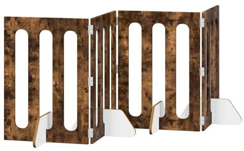 HFXHIJXQ Faltbarer Haustierzaun aus Holz, Welpenauslauf und Absperrgitter für Hunde und Katzen, Raumteiler Freigehege für den Innenbereich, Geräucherte Eiche, 201 x 38 x 70 cm