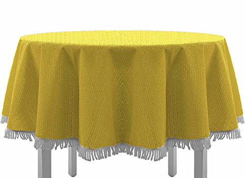 EXKLUSIV HEIMTEXTIL Gartentischdecke mit Fransen Tischdecke Classic Outdoor PVC Weichschaum rutschhemmend für Garten, Balkon, Terrasse 130 cm rund gelb