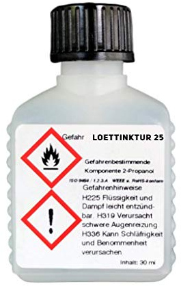 30 ml Flussmittel/KOLOPHONIUM-LÖTTINKTUR 25 in Pinselflasche, No-clean, gebrauchsfertig, halogenfrei, auf Kolophoniumbasis (25%) für die Elektrotechnik/Elektronik