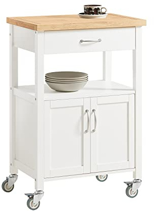 SoBuy Kitchen Trolley on Wheels 60cm Wide with Drawer & Open Shelf | Mobile Kitchen Island with Rubber Wood Worktop, Compact Storage Unit for Dining Room, White, W60 x H45 x H92cm, FKW22-WN