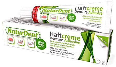 FITTYDENT Adesivo per protesi dentale vegano e naturale, senza glutine, lattosio e zinco, trasparente, crema, resina di pino, extra forte e lunga tenuta