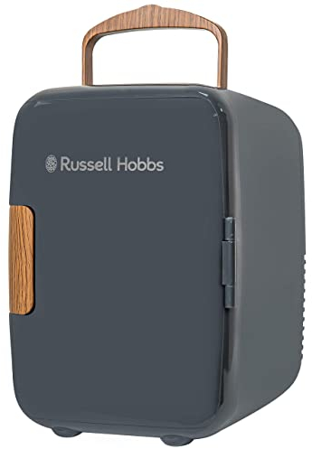 Russell Hobbs RH4CLR1001SCG 4L/6 Can Mini Portable Cooler & Warmer for Drinks, Cosmetics/Makeup/Skincare, AC/DC Power, Scandi Style, Grey & Wood Effect, For Bedroom, Home, Caravan, Car
