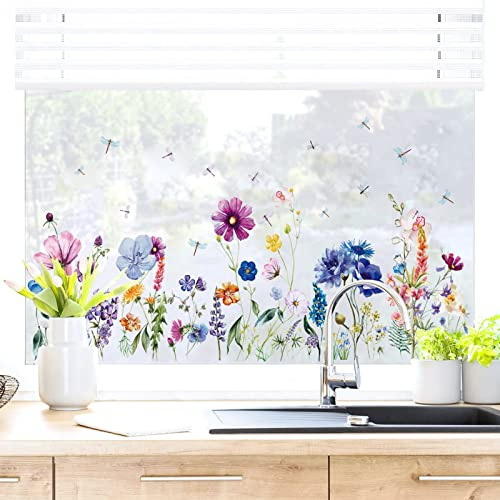 WandSticker4U®- Wiederverwendbare Fensterbilder Frühling BLUMENWIESE selbstklebend (85x35 cm) I Fenstersticker Blumen Kinder Frühlingsdeko Fenster Deko I Fensteraufkleber Schlafzimmer Küche