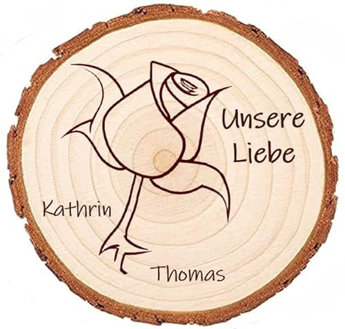 Baumscheibe mit Gravur zum Valentinstag – Motiv: Herzen oder Rose – Personalisierbar mit euren Namen – Untersetzer – Deko – Geschenkidee zum Valentinstag – Hochzeitsgeschenke (Rose)