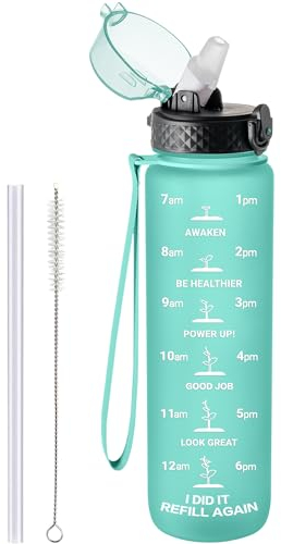 GOPPUS Botella Agua de 1l/32 oz con Pajita Botella de Bebidas Irrompible a Prueba de Fugas con Marcas de Tiempo Botella Deportiva Tritan para Gimnasio Escuela Grande para Adultos Sin BPA