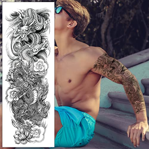 Chinese Dragon & Flowers Temporary Tattoo Sleeve - Black Grey Realistic Waterproof Transfer Sticker Arm Body Art Men Women Kids 17cm x 48cm - By Delusion Tattoos