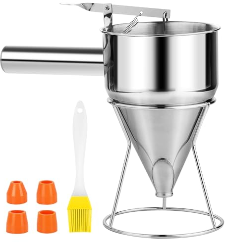 Vegena Kolbentrichter, Edelstahl Backtrichter 1.2L, Pfannkuchen Teigspender, Edelstahl Teigportionierer mit 4 Silikondüse, Likörtrichter Küchentrichter für Desserts Pfannkuchen Home Bäckerei