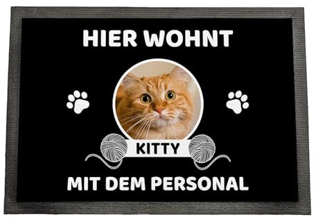 Fußmatte personalisiert Katze mit Bild | Bis zu 3 Katzen | rutschfeste Schmutzfangmatte mit Katzenmotiv | Geschenk für Katzenliebhaber Geschenkidee | Fussmatte Außen Innen | 50 x 35 cm mit Gummirand
