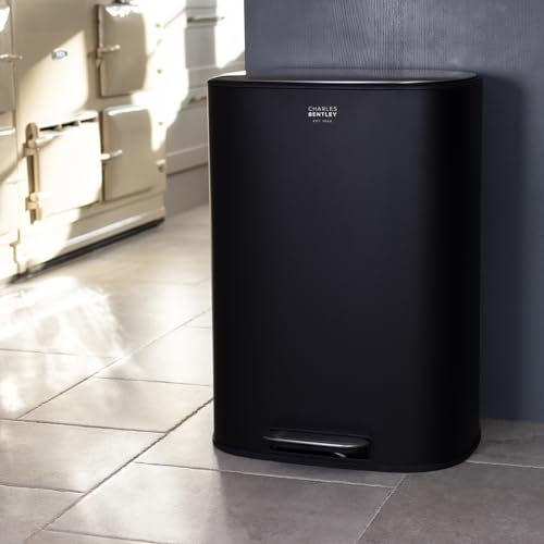 CHARLES BENTLEY Kitchen Bin, 50 Litre Capacity, Black, Pedal Function, Kitchen Bin, Rubbish Bin, Waste Bin, Pedal Bin, Black Bin, Soft Close Function, Easy Wipe Clean, Stainless Steel (63.7x37.3x46cm)