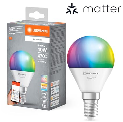 LEDVANCE SMART+ MATTER LED-Lampe, kompatibel mit Google, Alexa, Apple, weiße Frost-Optik, 4,9W, 470lm, E14, Farblicht & Weißlicht, App- oder Sprachsteuerung, bis zu 20.000 Std. Lebensdauer,single pack