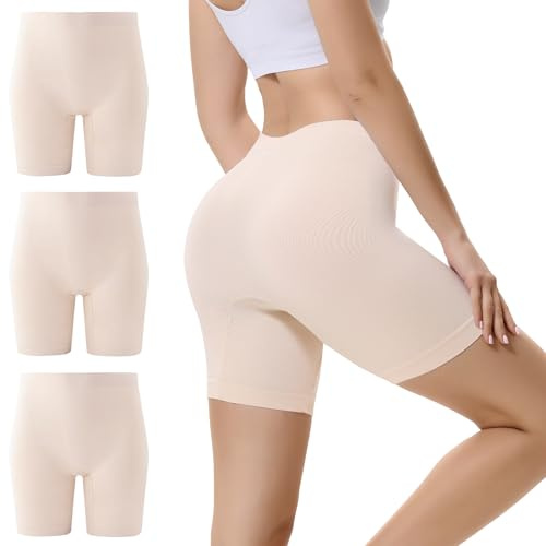 EKSHER Cykelbyxor, dam, korta leggings, hög midja, byxor, underklänning, kjol, ogenomskinliga, shorts, anti-skavning, säkerhetsshorts, 3-pack, Beige x 3, XS
