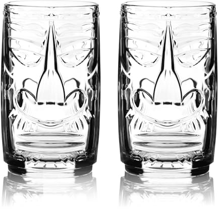 DIAMANTE Clear Tiki Glasses - Set of 2 - Exotic Crystal Hawaiian Barware Cocktail Glasses or Hi Ball Glasses for Mixed Drinks (O‘AHU Design)