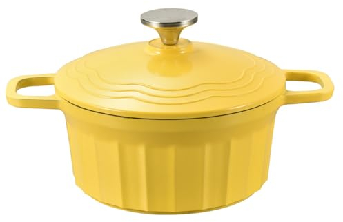Mswborml Gelb Kochtopf Gusseisen mit Deckel 4,67 Liter, Robuster Gusseisen Topf Induktion mit Deckel und 2 Griffen, Schmortopf Zum Kochen 24 cm, Rund Emaille Bräter mit Deckel für Küche Schmoren